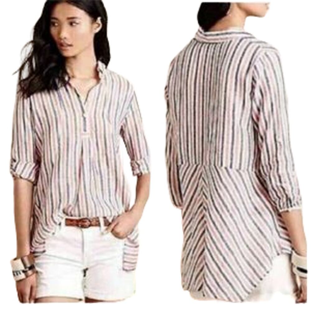 ISABELLA SINCLAIR Linen Blend Striped Hi Low Popover Tunic Shirt  SZ M
